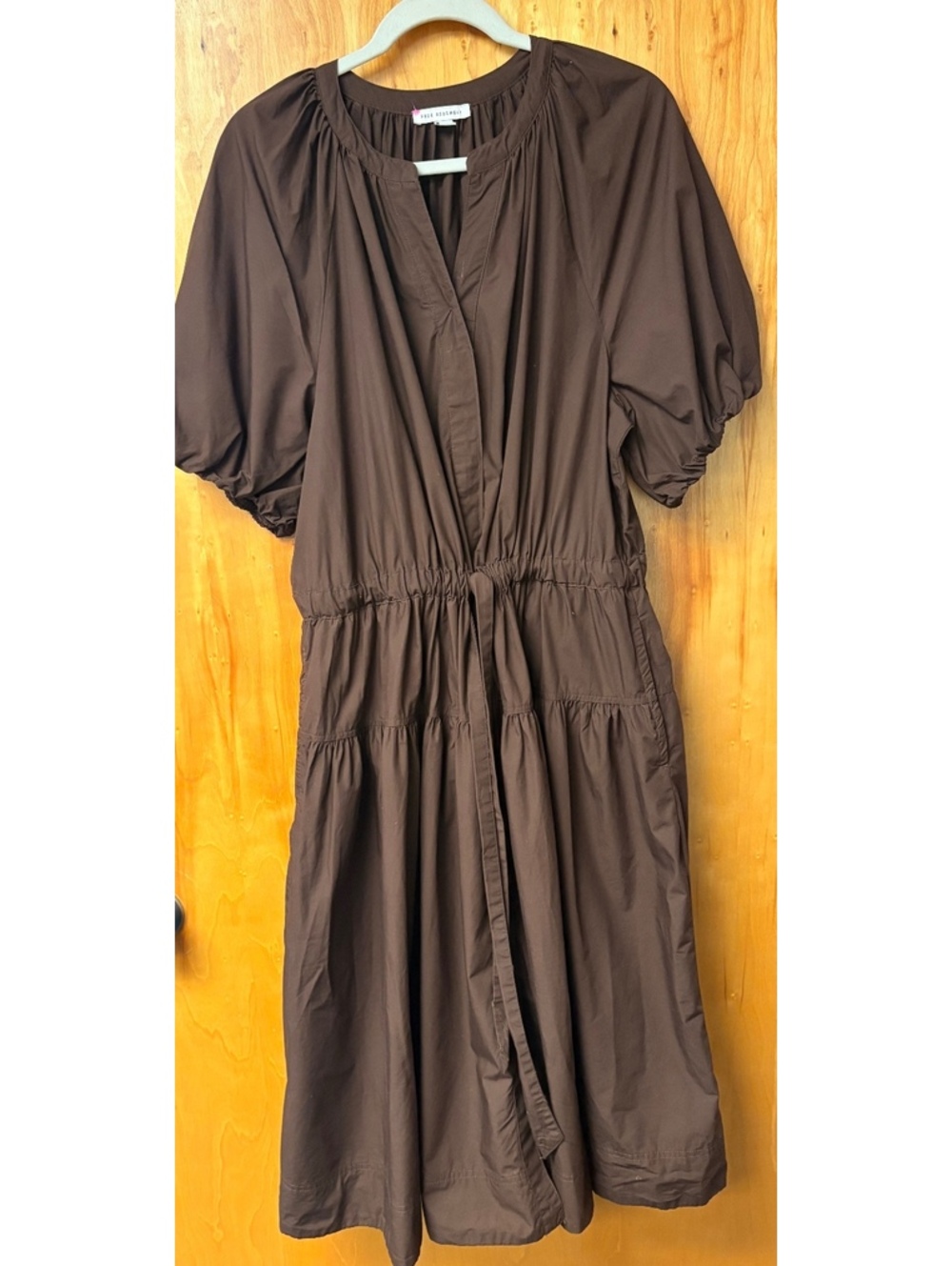 Free Assembly Brown Midi Dress with Puff Sleeves and Drawstring Waist XXL